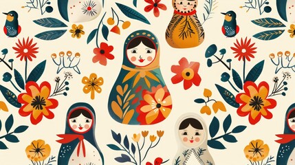 A captivating seamless pattern featuring Matryoshka dolls the iconic Russian traditional wooden toys set against a whimsical cartoon backdrop