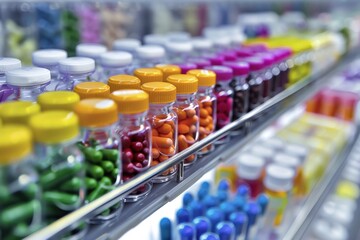 Medication: Prescription Drugs in Pharmacy Vials. Medicative Pills with Rx Label on White Background