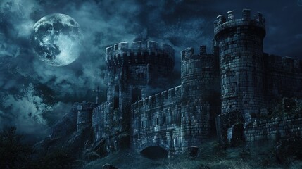 Fototapeta premium Medieval Castle Mystery: Nighttime Fantasy with Moonlit Tower and Dark Walls