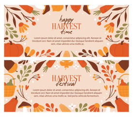 Happy Harvest Time. Collection of horizontal banners for sale, advertising, holidays with plants, flowers, leaves, crop, pumpkins, carrot, mushrooms, basket. Autumn background for card templates. 