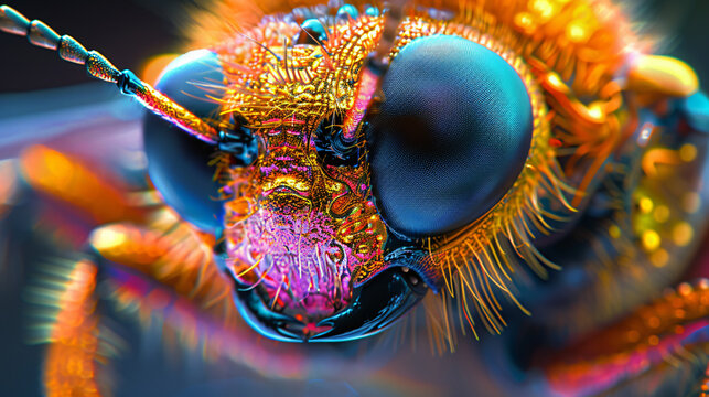 A textured 3D background featuring a close-up x100 view of an insect's compound eye, showcasing the individual facets rendered in a high-gloss material and reflecting a distorted view of the
