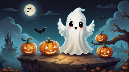 A cartoon ghost is standing in front of a group of pumpkins