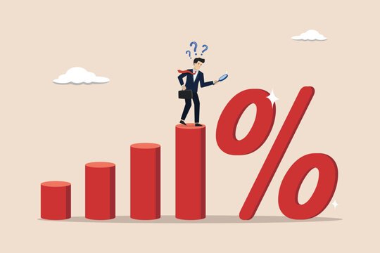 Debt burden risk from high interest rate, FED or federal reserved rate hike cause heavy loan, economic recession concept, confused businessman bearing the burden of large percentage interest rates.