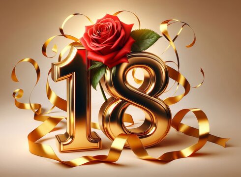 Elegant golden 18 with red rose and golden ribbons on beige background, celebrating 18th birthday