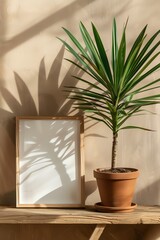 Fototapeta premium a wooden shelf with an empty frame and a potted plant, in the style of light brown and beige, 8k resolution, matte photo mockup, 