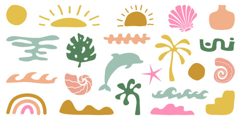 Retro Groovy Surf Club in trendy Boho style. Naive Geometric Summer Palm Tree. Simple background of sun sea. Retro Summer Beach Hand Drawn isolated illustration. Vintage Surf Club. Vector illustration