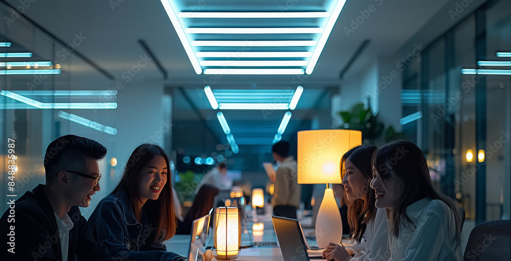 Poster group of people working in a luminous and vast office space with white ambience, at night. generativ