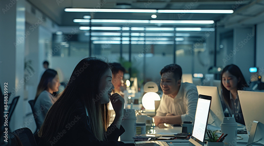 Poster group of people working in a luminous and vast office space with white ambience, at night. generativ