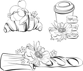 Vector Traditional french croissant and baguette with Paper cup of coffee. French pastry dessert. Paris cafe bakery. Black silhouette for circuit. Design of postcards, menus, packages.