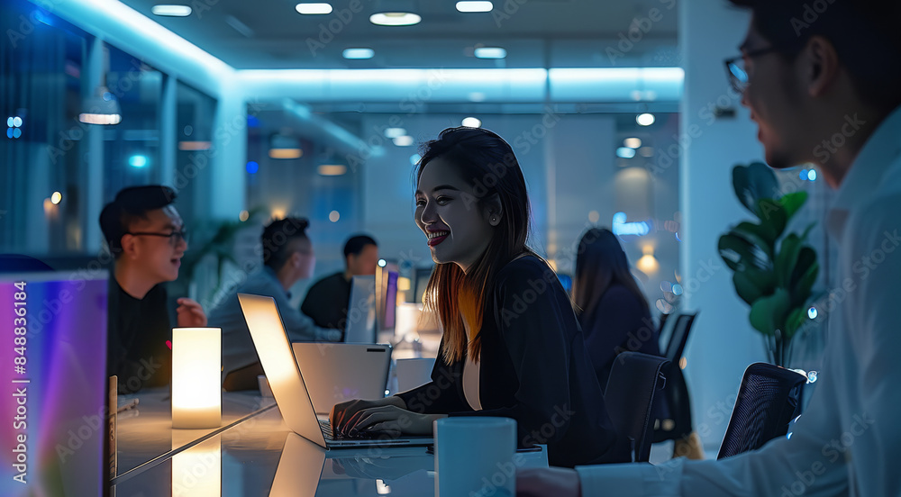 Poster group of people working in a luminous and vast office space with white ambience, at night. generativ