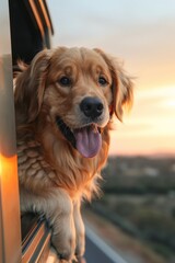 Joyful Golden Retriever Enjoying a Scenic Road Trip with Head Out of Car Window at Sunset on a Peaceful Countryside Drive