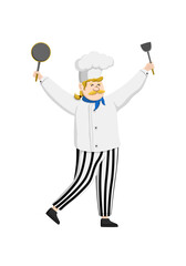 Happy funny chef mascot design. Cute chef cooks in uniform preparing food.