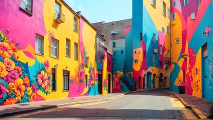 Fototapeta premium A vibrant street mural with a mix of bright colors and sharp lines, standing out against a plain wall. 2