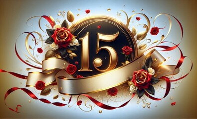 Elegant 15th anniversary celebration design with red roses, golden accents, and decorative ribbons.
