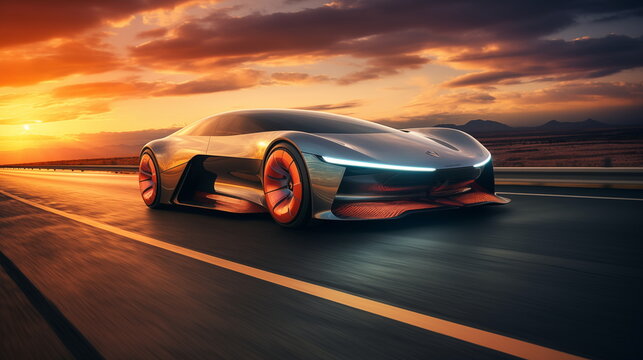 Futuristic sports car on highway at sunset, symbolizing modern design and luxury