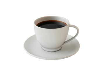 A white porcelain cup filled with black coffee, presented on a matching saucer, isolated on a transparent background.