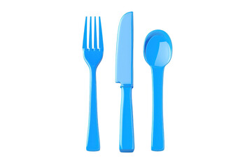 Blue plastic fork, knife, and spoon isolated on transparent background. Modern kitchen utensils set for dining, outdoor, picnic, camping, and travel use.