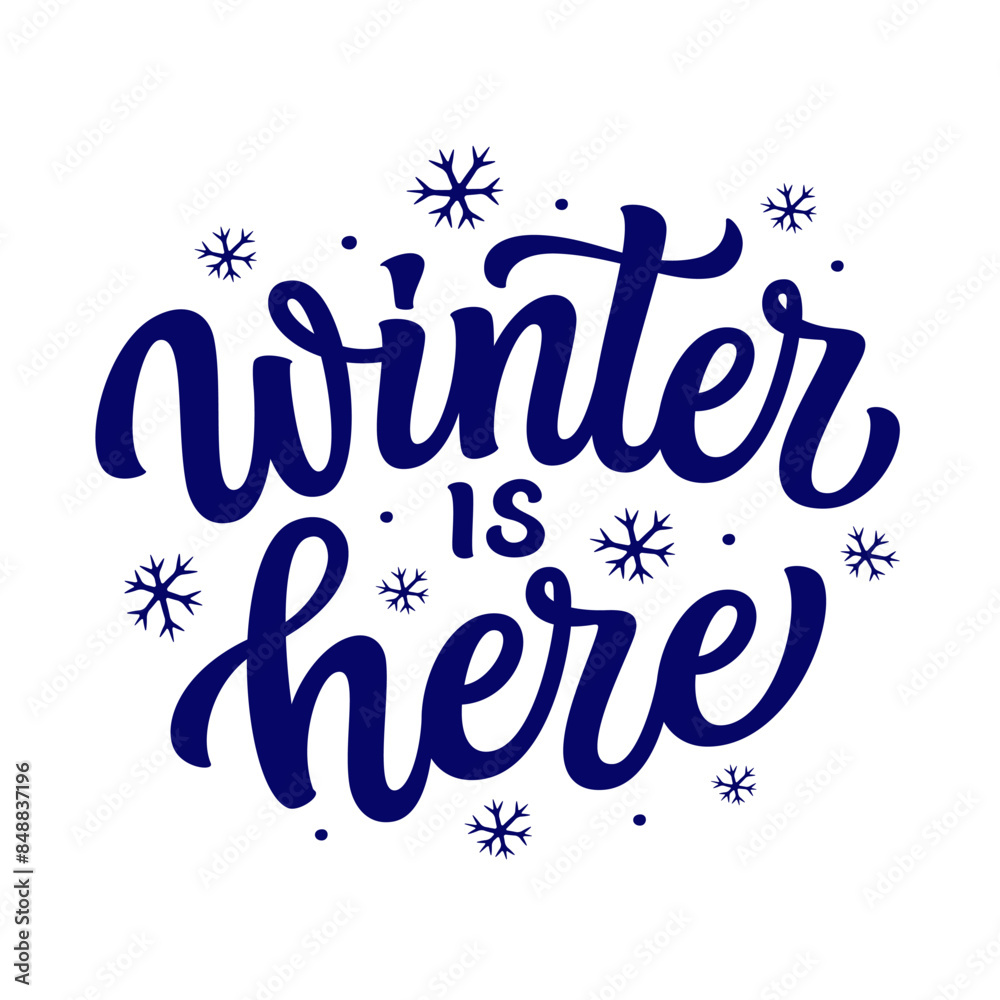 Sticker Winter is magic. Hand lettering blue text with snowflakes isolated on white background. Vector typography for posters, banners, greeting cards, home decor, mugs, clothes