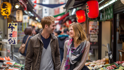 市場を散策するブロンドの外国人カップル