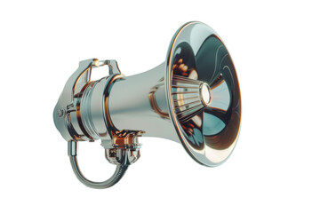 Naklejka premium Close-up of a polished silver megaphone isolated on a transparent background. highlighting its sleek and shiny design.