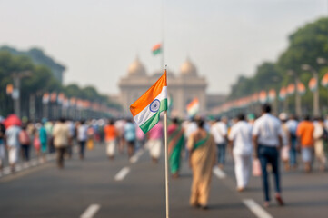 The Indian flag on the background of the city. The symbol of the Republic. Independence Day, Republic Day