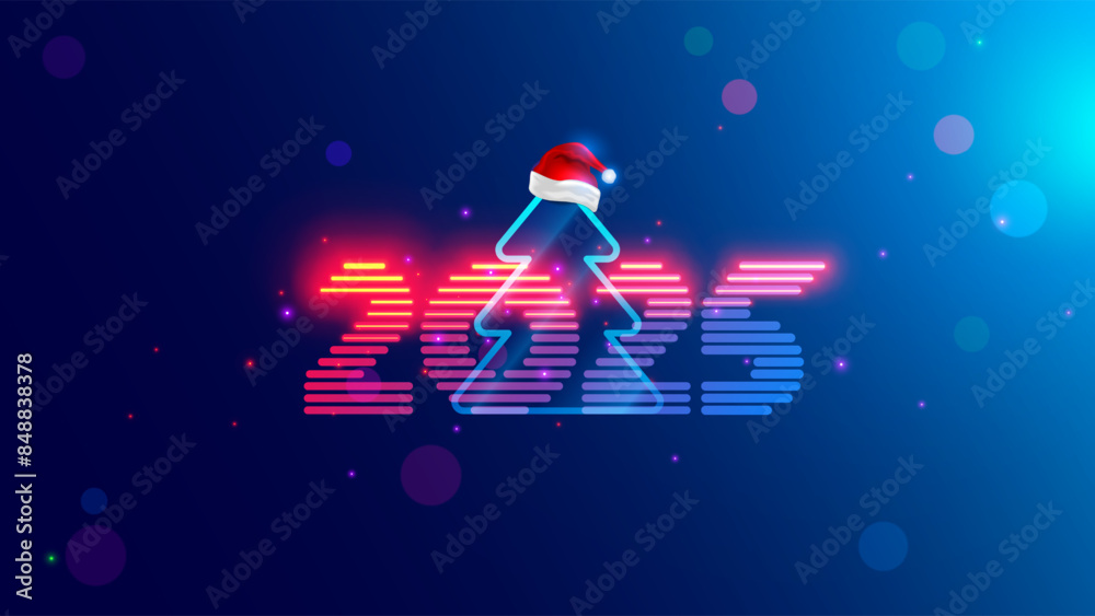 Poster 2025 new year. christmas tree with digital number year in neon light. celebration banner in computer