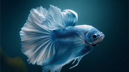 Fototapeta premium An ultrarealistic, hyperdetailed and high-resolution portrait of the blue and white betta fish. The subject should be centered with perfect symmetry against a dark background. Focus on capturing