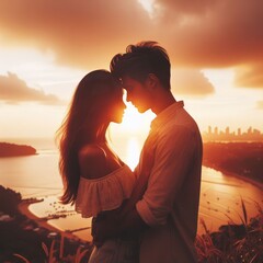 Fototapeta premium A romantic couple embraces at sunset, overlooking a scenic cityscape. The warm glow of the setting sun creates a dreamy and intimate atmosphere, highlighting their connection and the beautiful