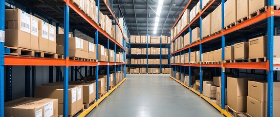 Organized warehouse with shelves full of boxes, ideal for showcasing logistics, inventory management, and efficient business operations