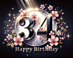 Elegant 34th birthday greeting with bright flowers and sparkling light effects.