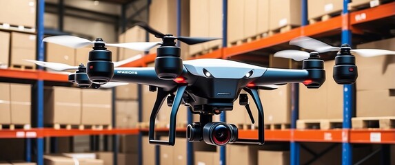 High tech drone capturing footage in a warehouse, illustrating advanced logistics, automation, and the future of shipping and inventory management