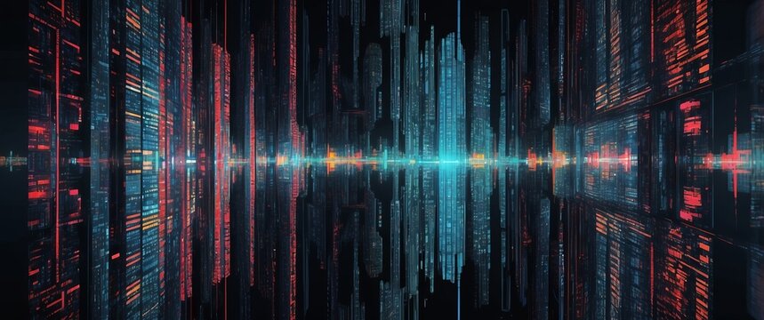 Futuristic digital landscape with neon lines and codes, perfect for concepts of technology, data, and cyber innovation Ideal for IT, virtual reality and more