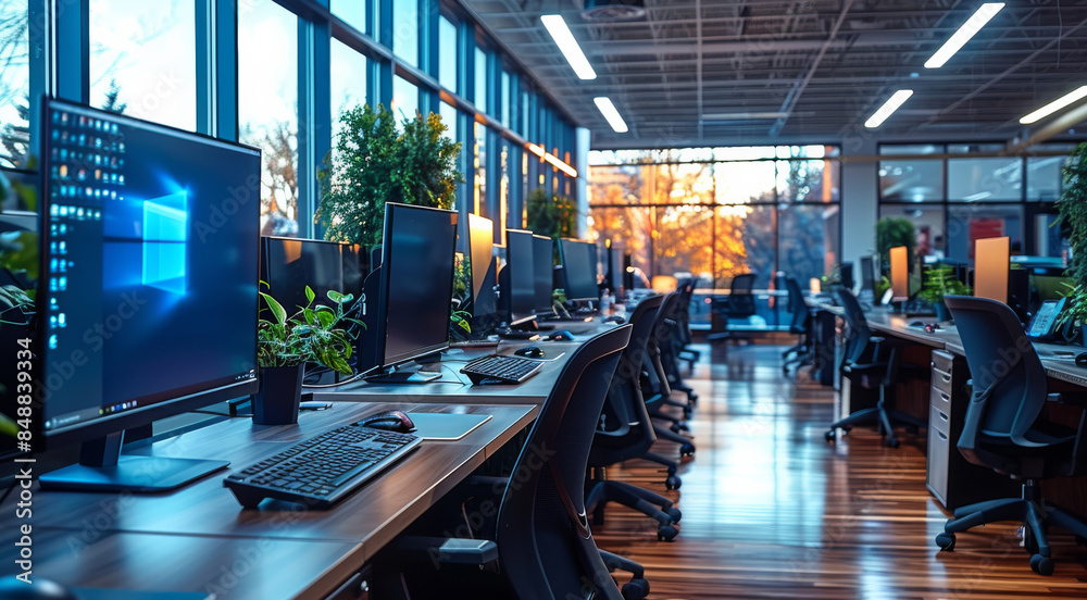 Poster Office setup with several pc computer workstations. Generative AI.
