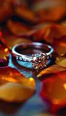Golden Wedding Rings with a Red Rose and Petals beautifully arranged on a Wooden Surface