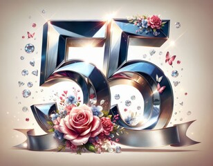 Elegant 55th anniversary design with shimmering numbers, roses, butterflies, and gemstones