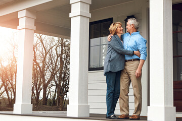 Home, outdoor and old couple with love, hug and happiness with relationship, marriage and...