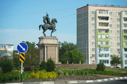 Kostanay, Kazakhstan - 06.04.2024 : Monument to the famous Kazakh batyr Shakshak Zhanibek.