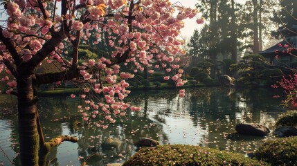 A serene Japanese garden with blooming cherry blossoms