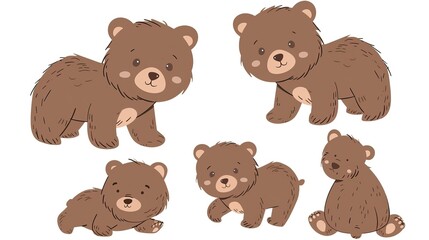 Fototapeta premium Cute cartoon brown bear cubs drawing set. Simple clip art illustration. Bear drawing