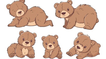 Cute cartoon brown bear cubs drawing set. Simple clip art illustration. Bear drawing