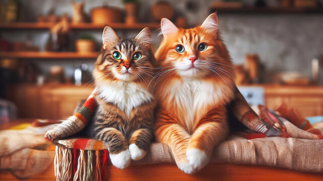 Portrait of happy cat friends, pet friendliness