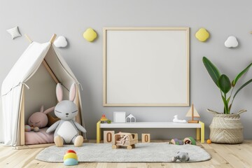 Cozy Nursery Room Interior with Blank Frame and Plush Toys