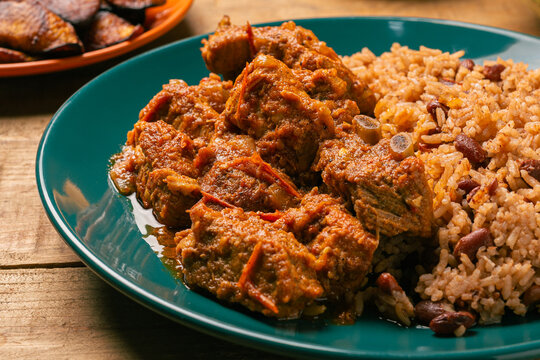 Rice congri with pork fricassee. Typical Cuban food.