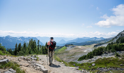 Hiking Skyline Trail with rolling mountain views. Mt Rainier National Park. Washington State.