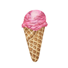 Raspberry, dragon fruit, bubblegum, pomegranate, cherry ice cream scoop in waffle cone clipart. Dessert realistic watercolor illustration of cold treats for labels, menu, culinary design, summer fair