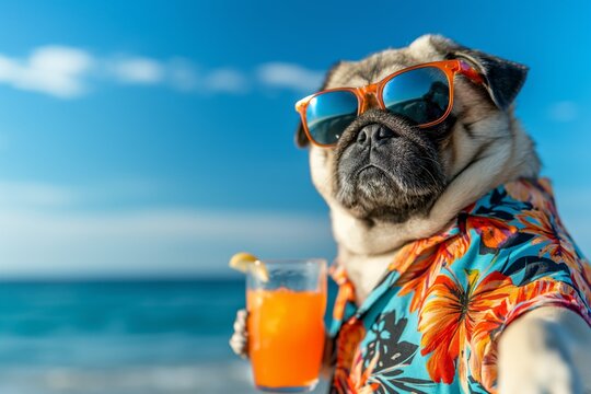 A close-up portrait photo of a cute fashionable pug dog wearing sunglasses and a Hawaiian shirt, with a beach in the background and a cocktail drink in its hand. Vacation concept.