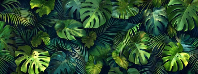 Seamless pattern of lush tropical foliage, including palm leaves, ferns, and monstera leaves.