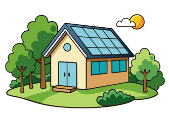 Naklejka premium A house with a solar panel on the roof and a lush green garden surrounding it. Generative AI. 