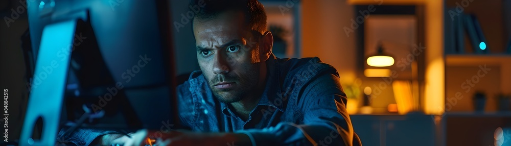 Poster determined late night coder presses on despite exhaustion at illuminated desk