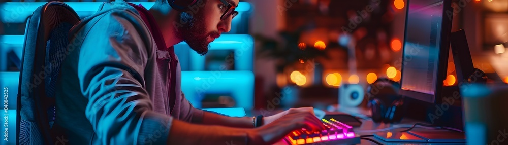 Poster hardworking coder working late at illuminated desk in dark office